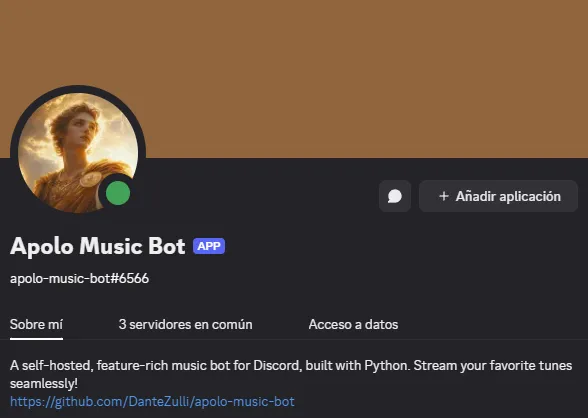 Perfil de Apolo Music Bot en Discord